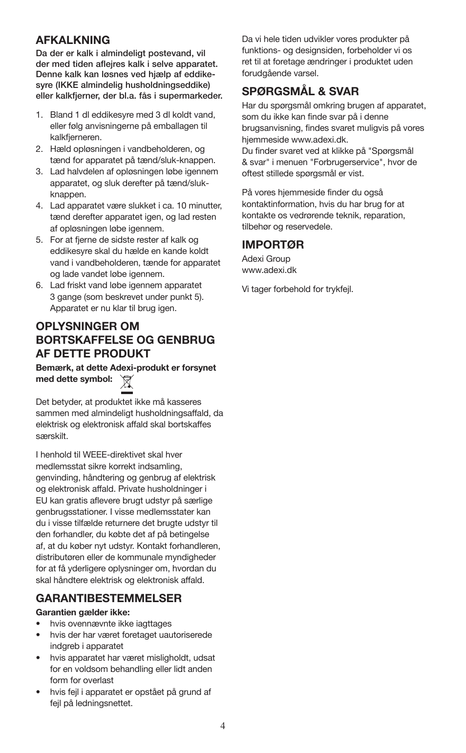 Afkalkning, Garantibestemmelser, Spørgsmål & svar | Importør | Melissa ide line 745-190 User Manual | Page 4 / 10