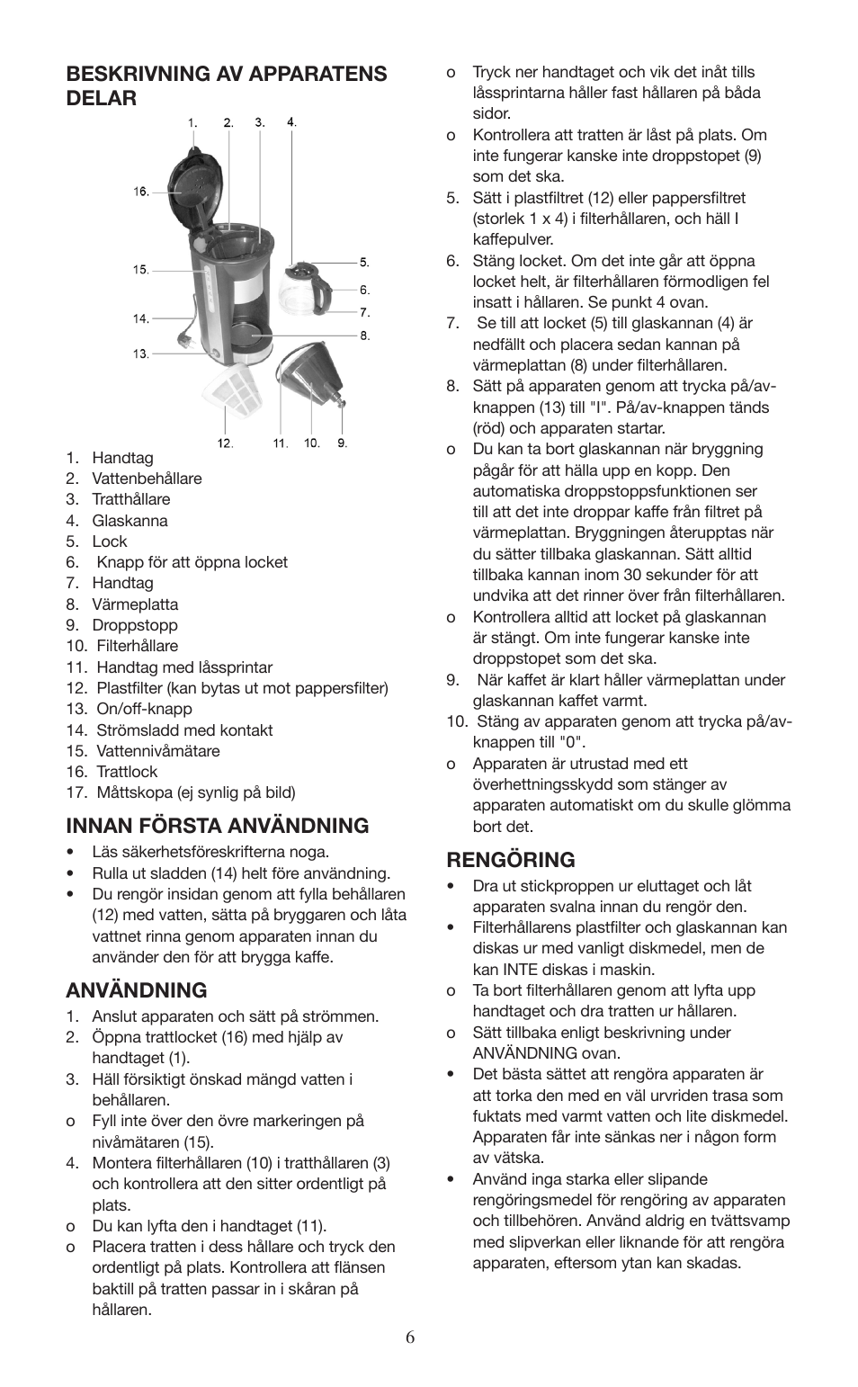 Beskrivning av apparatens delar, Innan första användning, Användning | Rengöring | Melissa ide line 745-190 User Manual | Page 6 / 10