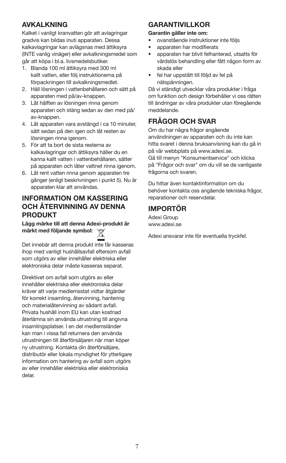 Avkalkning, Garantivillkor, Frågor och svar | Importör | Melissa ide line 745-190 User Manual | Page 7 / 10