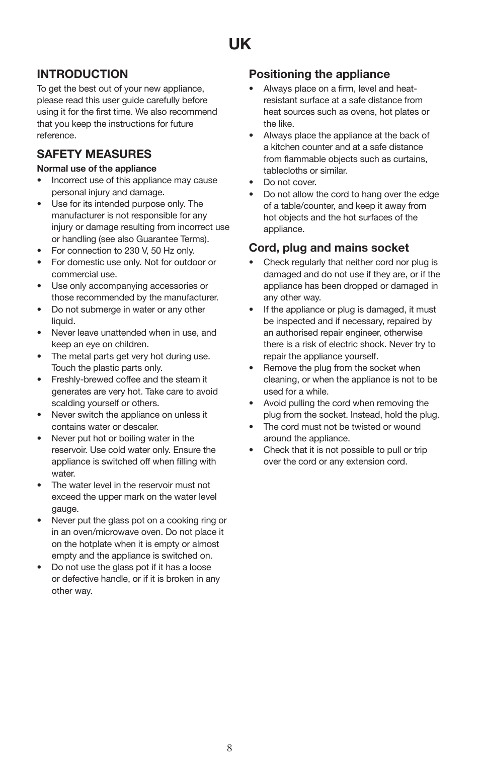 Introduction, Safety measures, Positioning the appliance | Cord, plug and mains socket | Melissa ide line 745-190 User Manual | Page 8 / 10