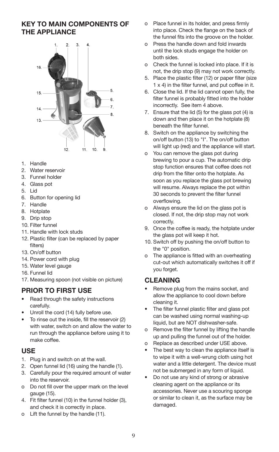 Key to main components of the appliance, Prior to first use, Cleaning | Melissa ide line 745-190 User Manual | Page 9 / 10