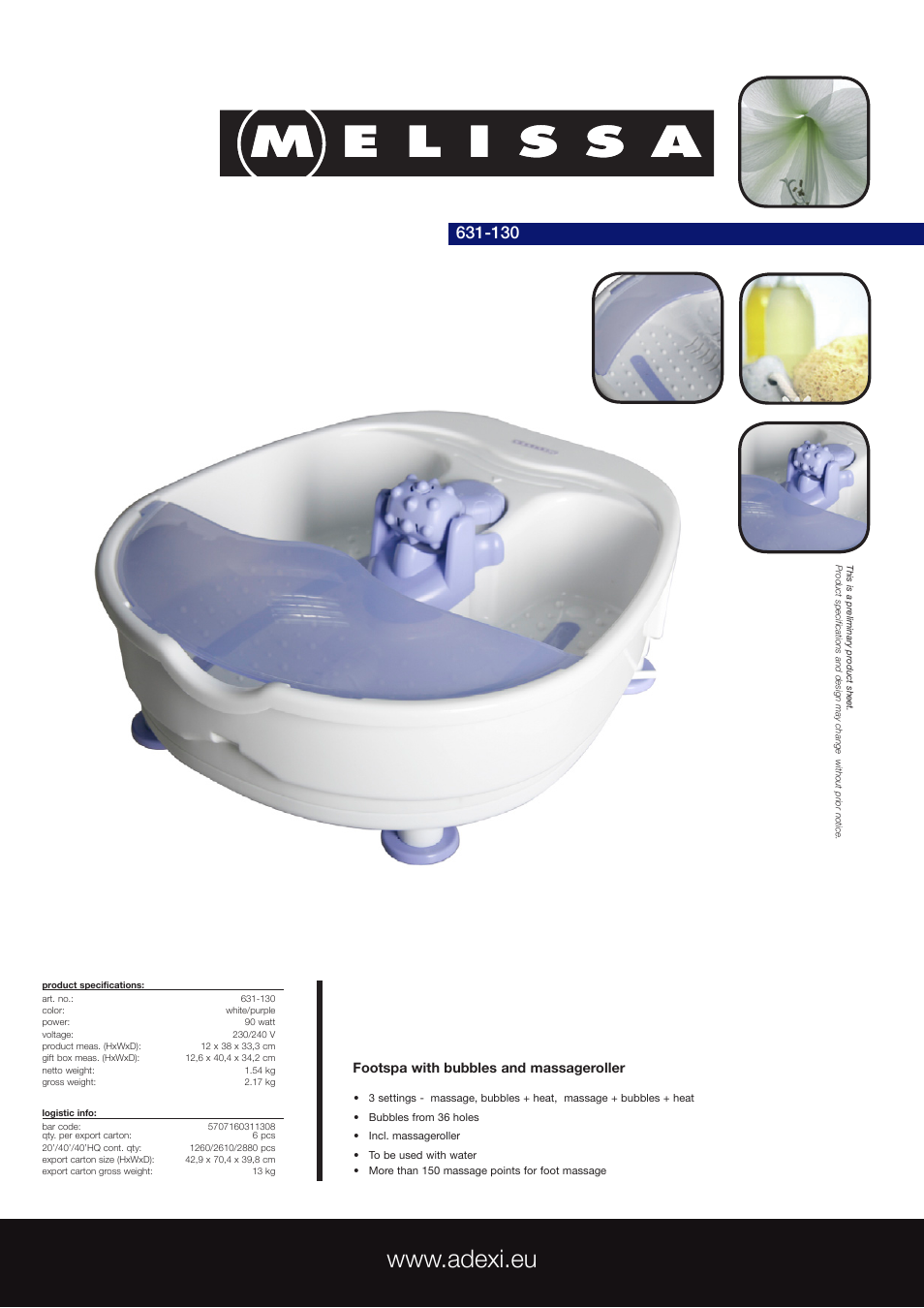Melissa Footspa with Bubbles and Massageroller 631-130 User Manual | 1 page