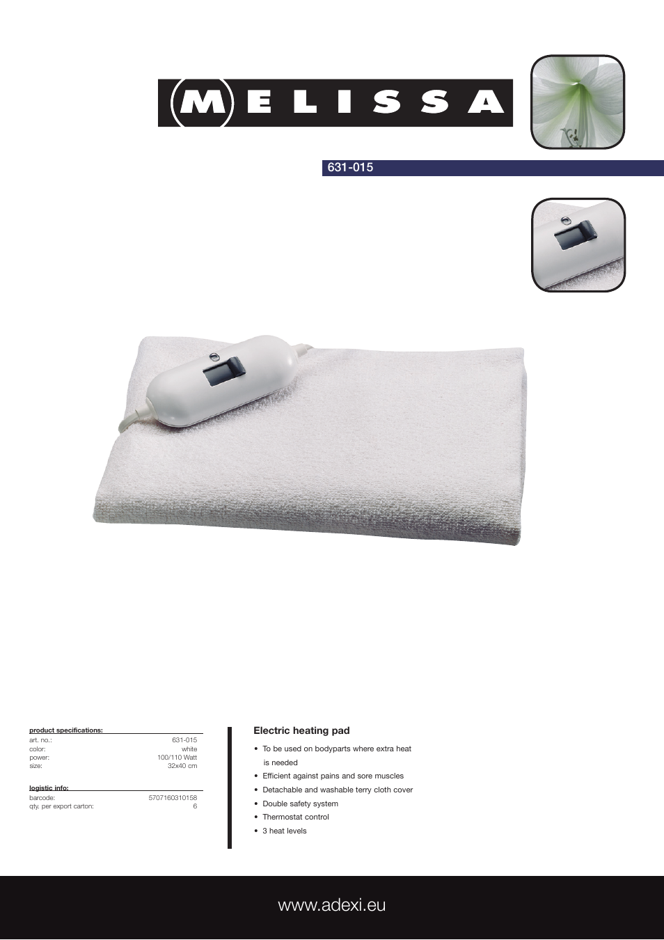 Melissa Electric Heating Pad 631-015 User Manual | 1 page