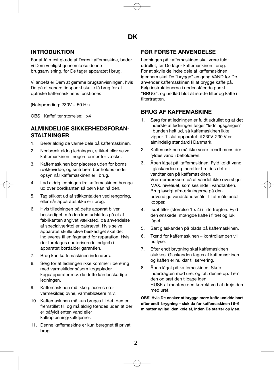 Introduktion, Almindelige sikkerhedsforan- staltninger, Før første anvendelse | Brug af kaffemaskine | Melissa 745-112 User Manual | Page 2 / 14
