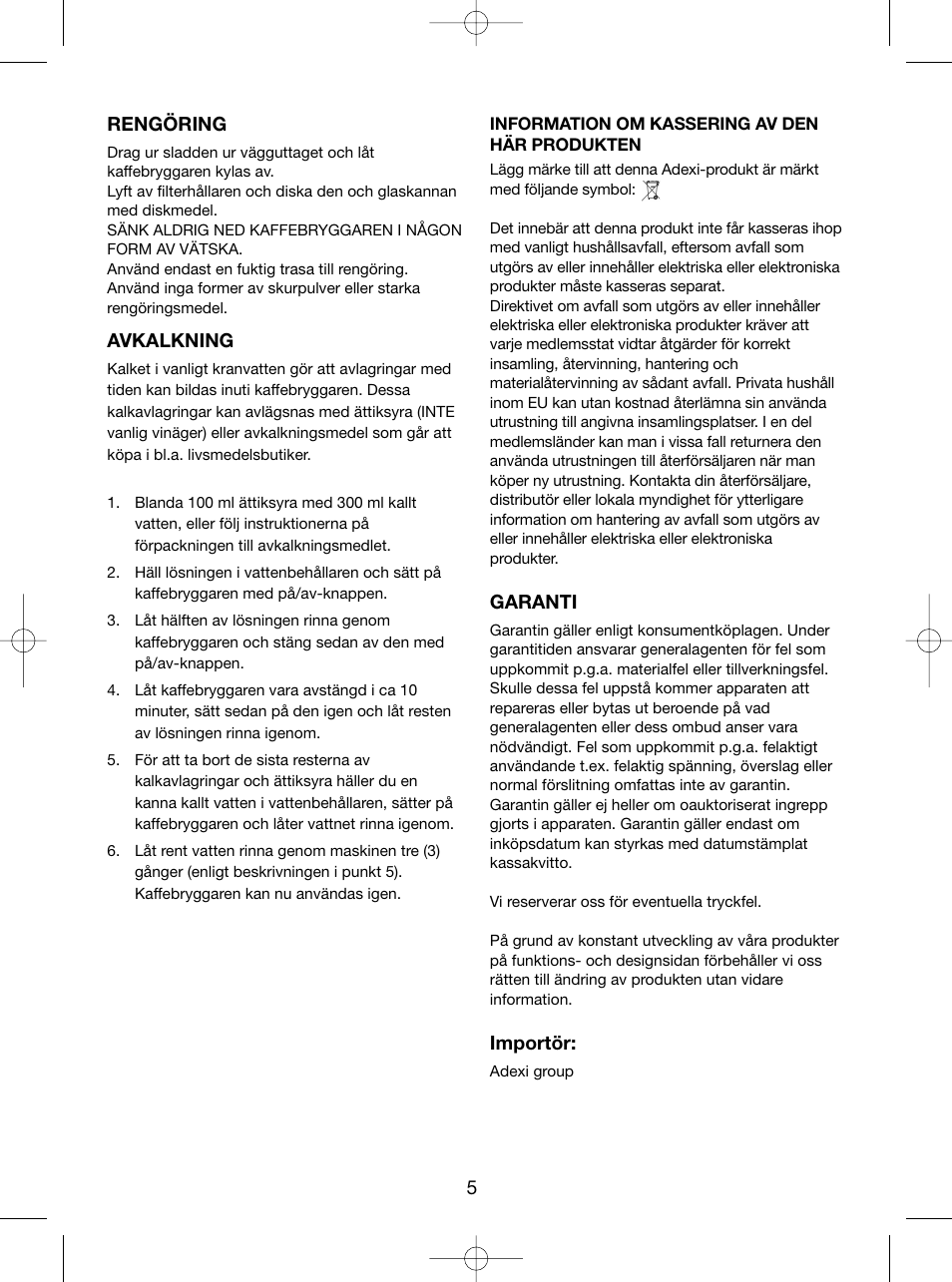 Rengöring, Avkalkning, Garanti | Importör | Melissa 745-112 User Manual | Page 5 / 14