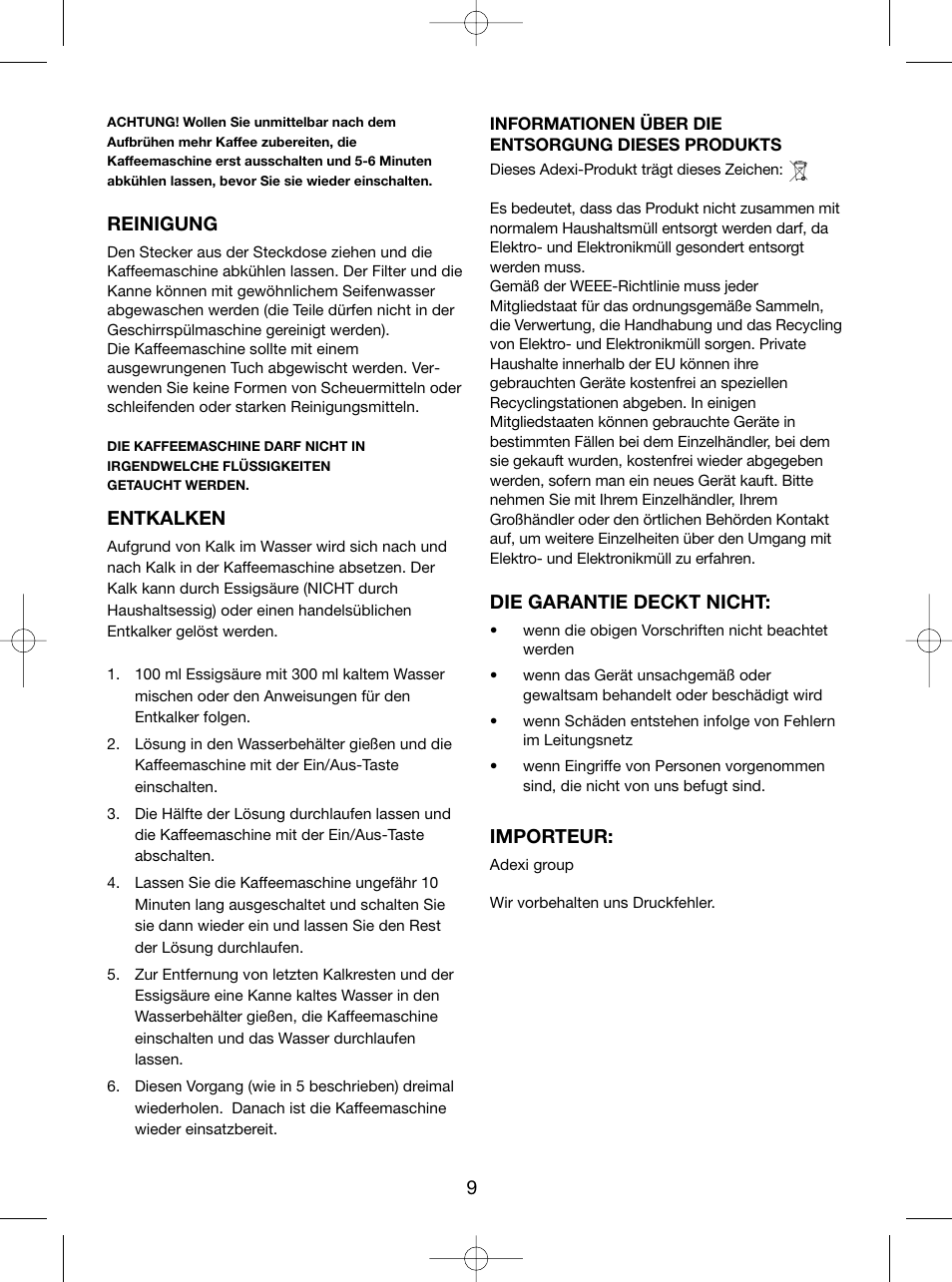 Reinigung, Entkalken, Die garantie deckt nicht | Importeur | Melissa 745-112 User Manual | Page 9 / 14