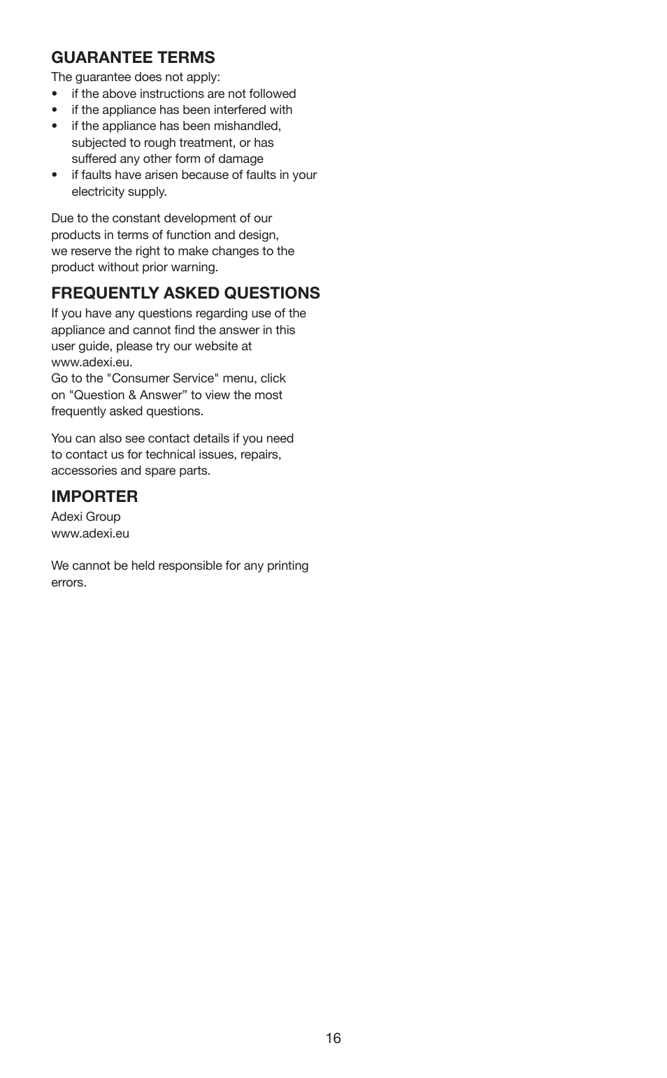 Guarantee terms, Frequently asked questions, Importer | Melissa 631-102 User Manual | Page 16 / 23