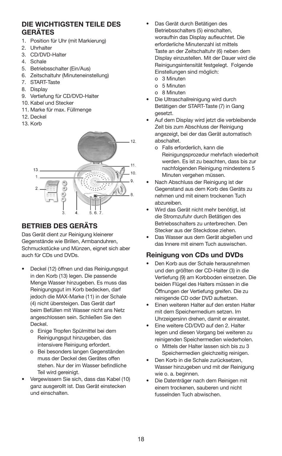 Die wichtigsten teile des gerätes, Betrieb des geräts, Reinigung von cds und dvds | Melissa 631-102 User Manual | Page 18 / 23