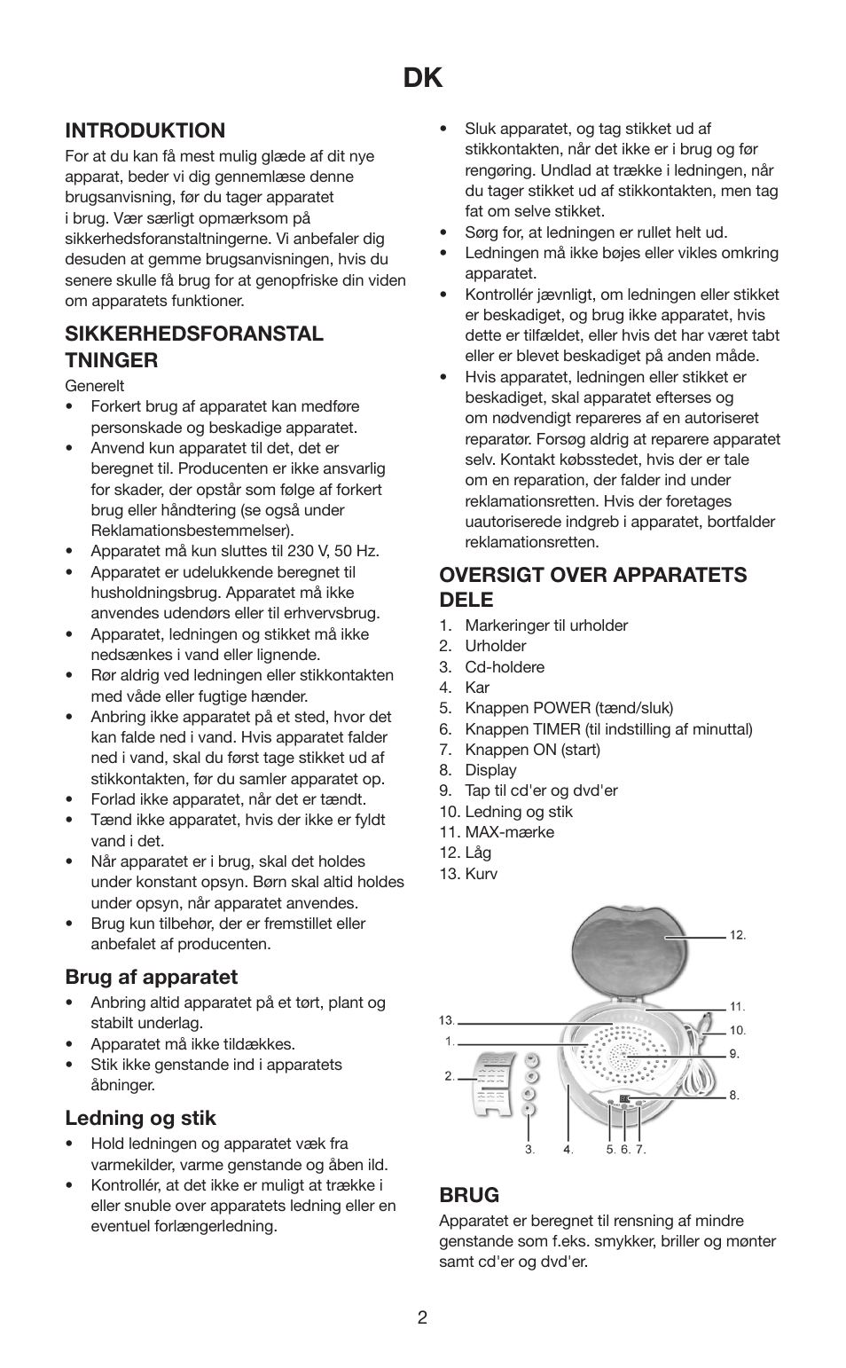 Introduktion, Sikkerhedsforanstal tninger, Brug af apparatet | Ledning og stik, Oversigt over apparatets dele, Brug | Melissa 631-102 User Manual | Page 2 / 23