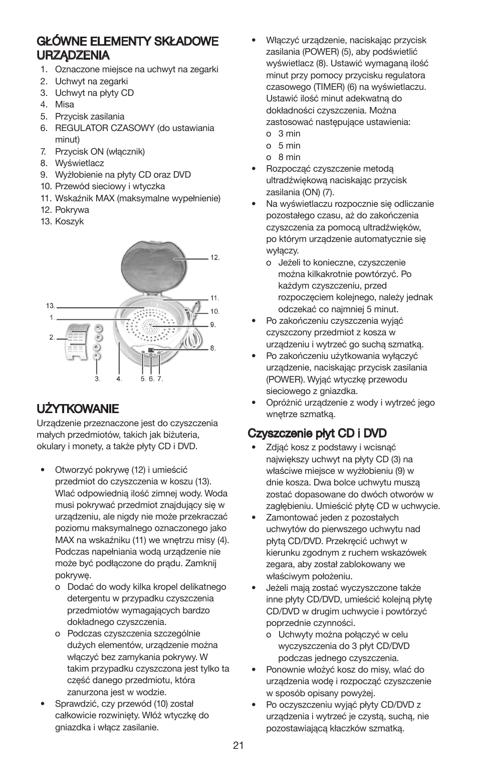 Główne elementy składowe urządzenia, Użytkowanie, Czyszczenie płyt cd i dvd | Melissa 631-102 User Manual | Page 21 / 23