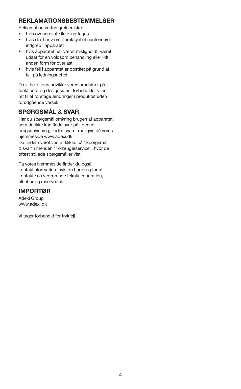 Reklamationsbestemmelser, Spørgsmål & svar, Importør | Melissa 631-102 User Manual | Page 4 / 23