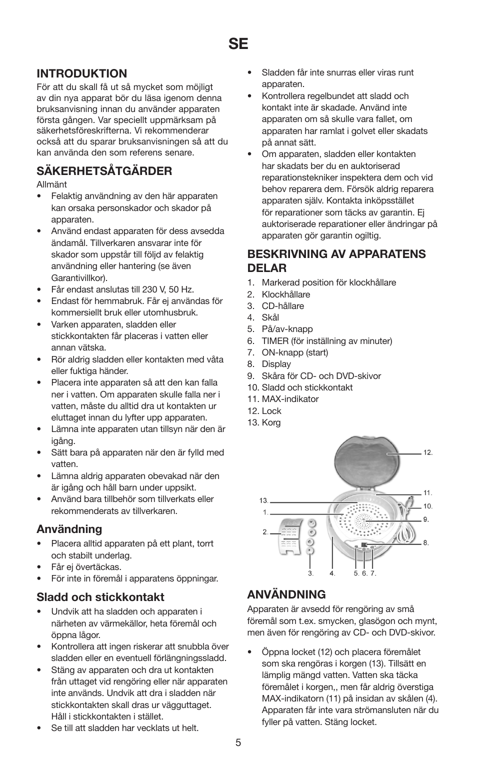 Introduktion, Säkerhetsåtgärder, Användning | Sladd och stickkontakt, Beskrivning av apparatens delar | Melissa 631-102 User Manual | Page 5 / 23