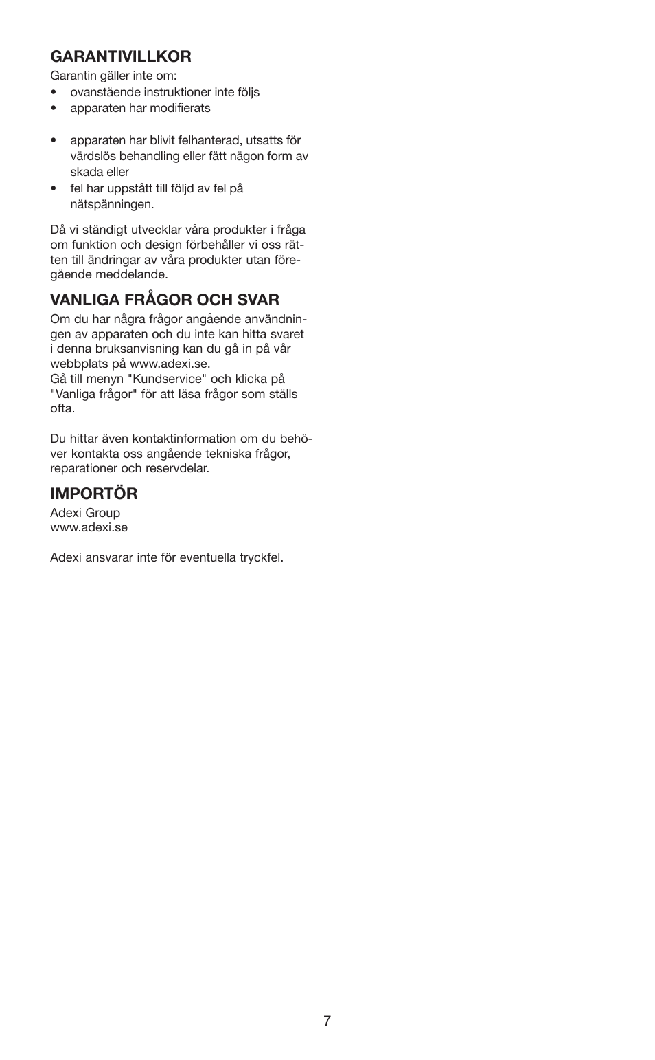 Garantivillkor, Vanliga frågor och svar, Importör | Melissa 631-102 User Manual | Page 7 / 23