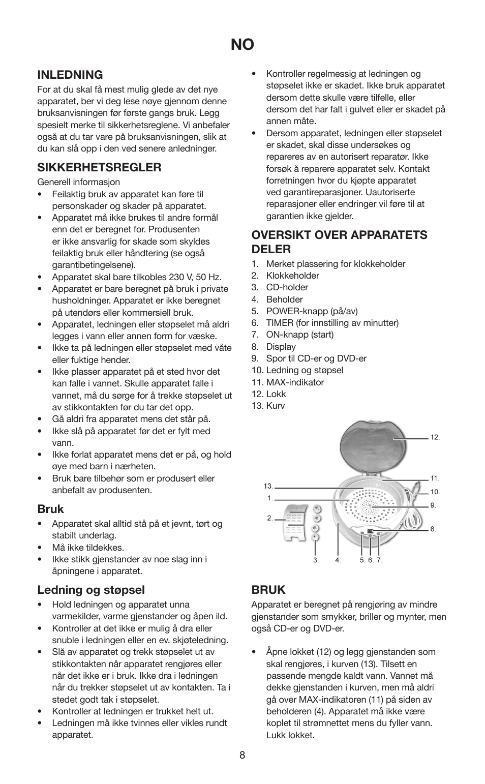 Inledning, Sikkerhetsregler, Bruk | Ledning og støpsel, Oversikt over apparatets deler | Melissa 631-102 User Manual | Page 8 / 23