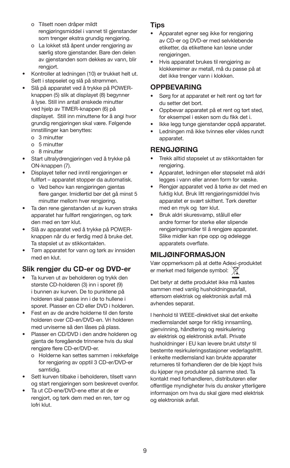 Slik rengjør du cd-er og dvd-er, Tips, Oppbevaring | Rengjøring, Miljøinformasjon | Melissa 631-102 User Manual | Page 9 / 23