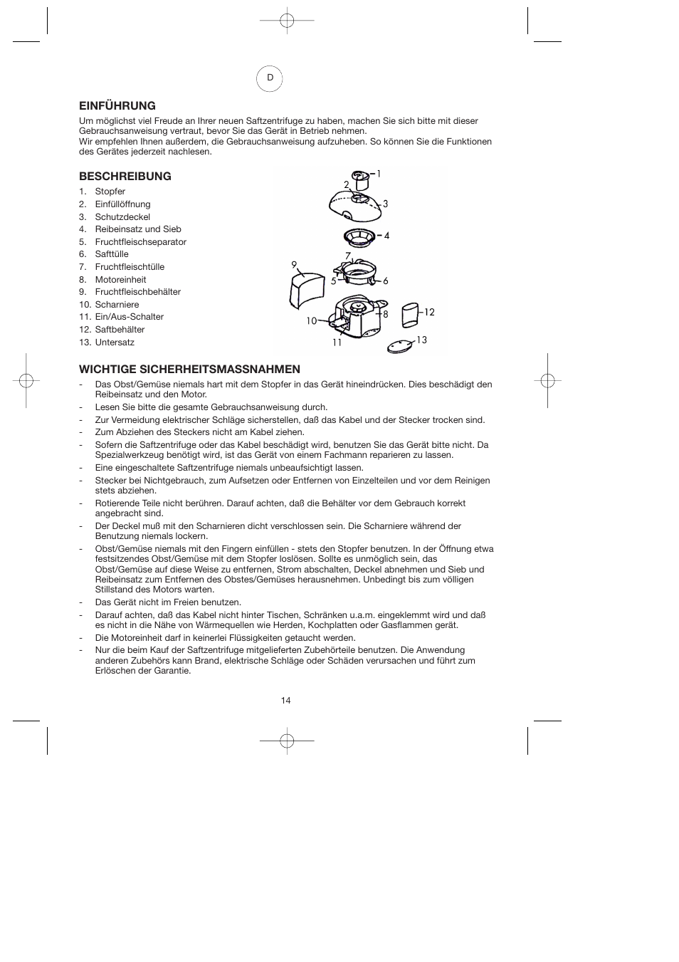 Einführung, Beschreibung, Wichtige sicherheitsmassnahmen | Melissa 744-016 User Manual | Page 14 / 26