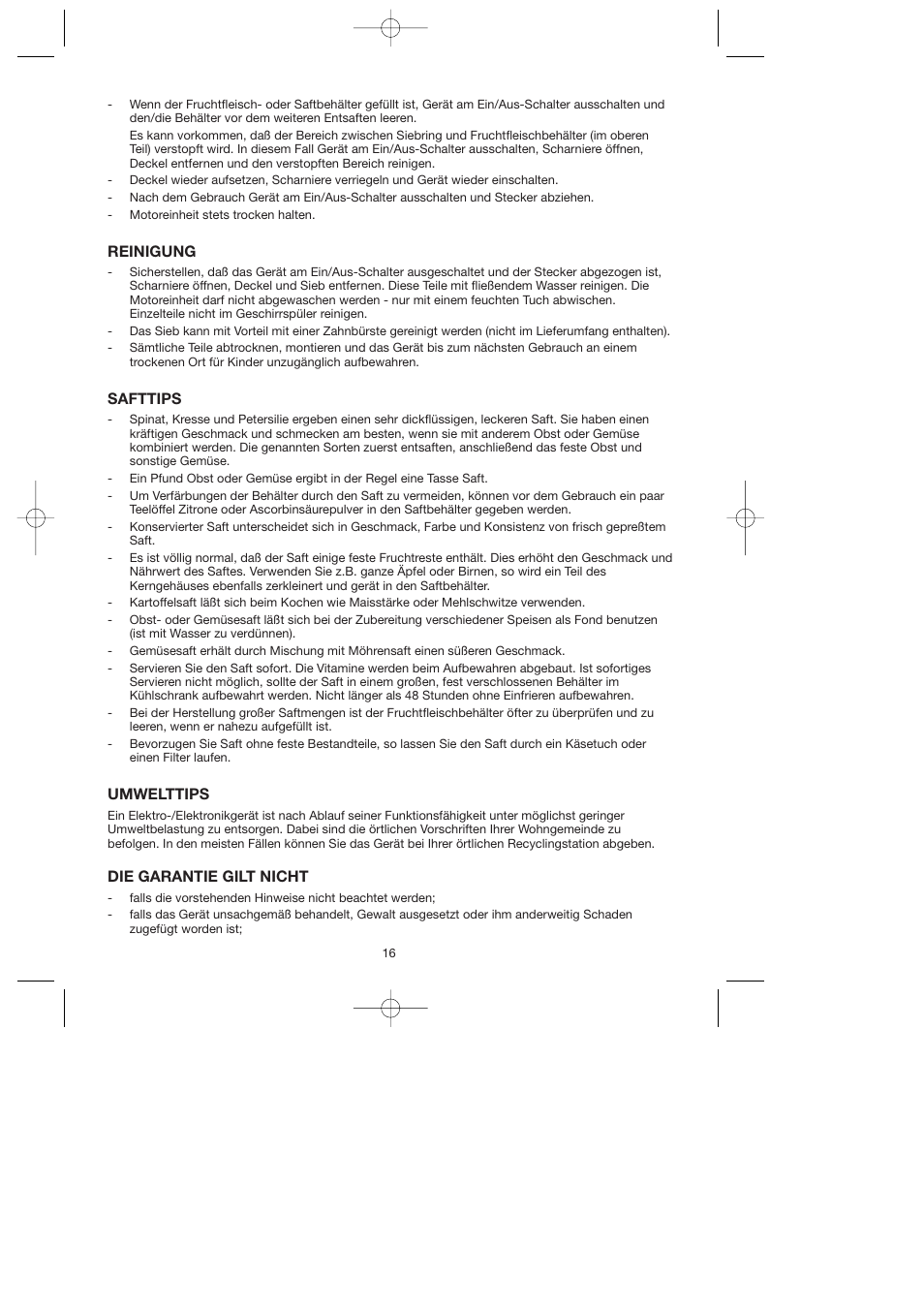 Reinigung, Safttips, Umwelttips | Die garantie gilt nicht | Melissa 744-016 User Manual | Page 16 / 26