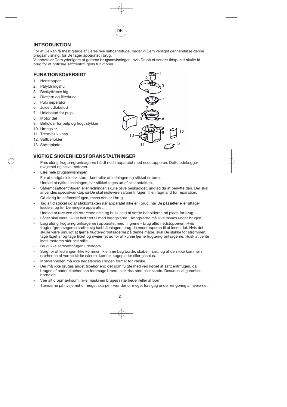 Introduktion, Funktionsoversigt, Vigtige sikkerhedsforanstaltninger | Melissa 744-016 User Manual | Page 2 / 26