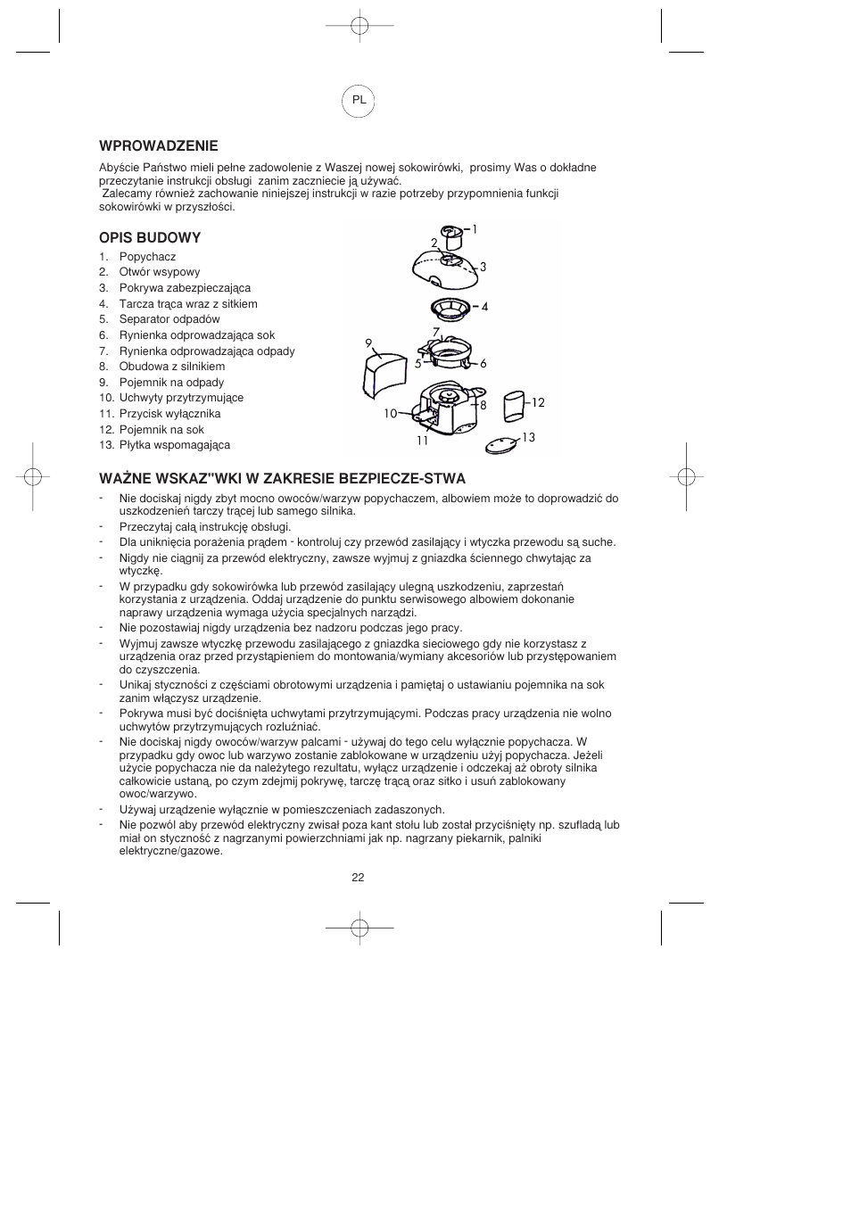 Wprowadzenie, Opis budowy, Wa˚ne wskaz"wki w zakresie bezpiecze-stwa | Melissa 744-016 User Manual | Page 22 / 26