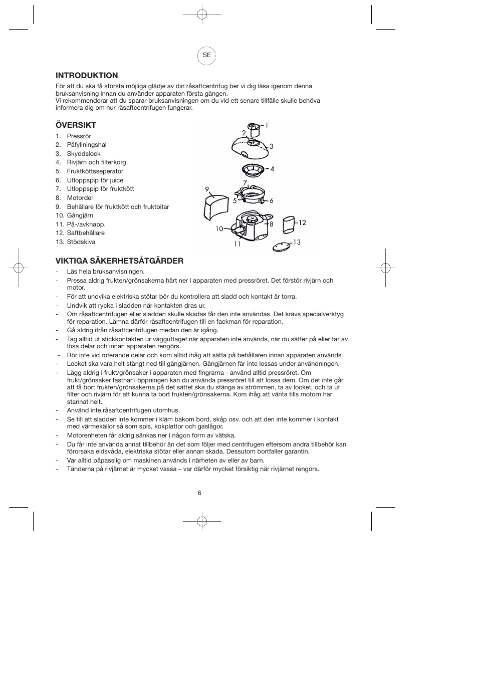 Introduktion, Översikt, Viktiga säkerhetsåtgärder | Melissa 744-016 User Manual | Page 6 / 26