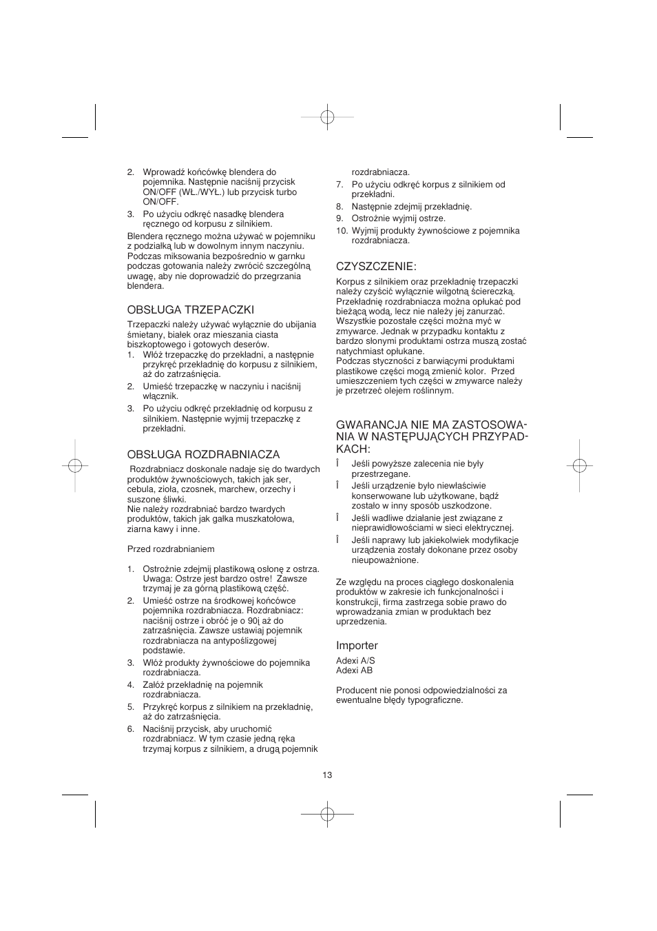 Obs¸uga trzepaczki, Obs¸uga rozdrabniacza, Czyszczenie | Importer | Melissa Agat GMT-032BD User Manual | Page 13 / 14