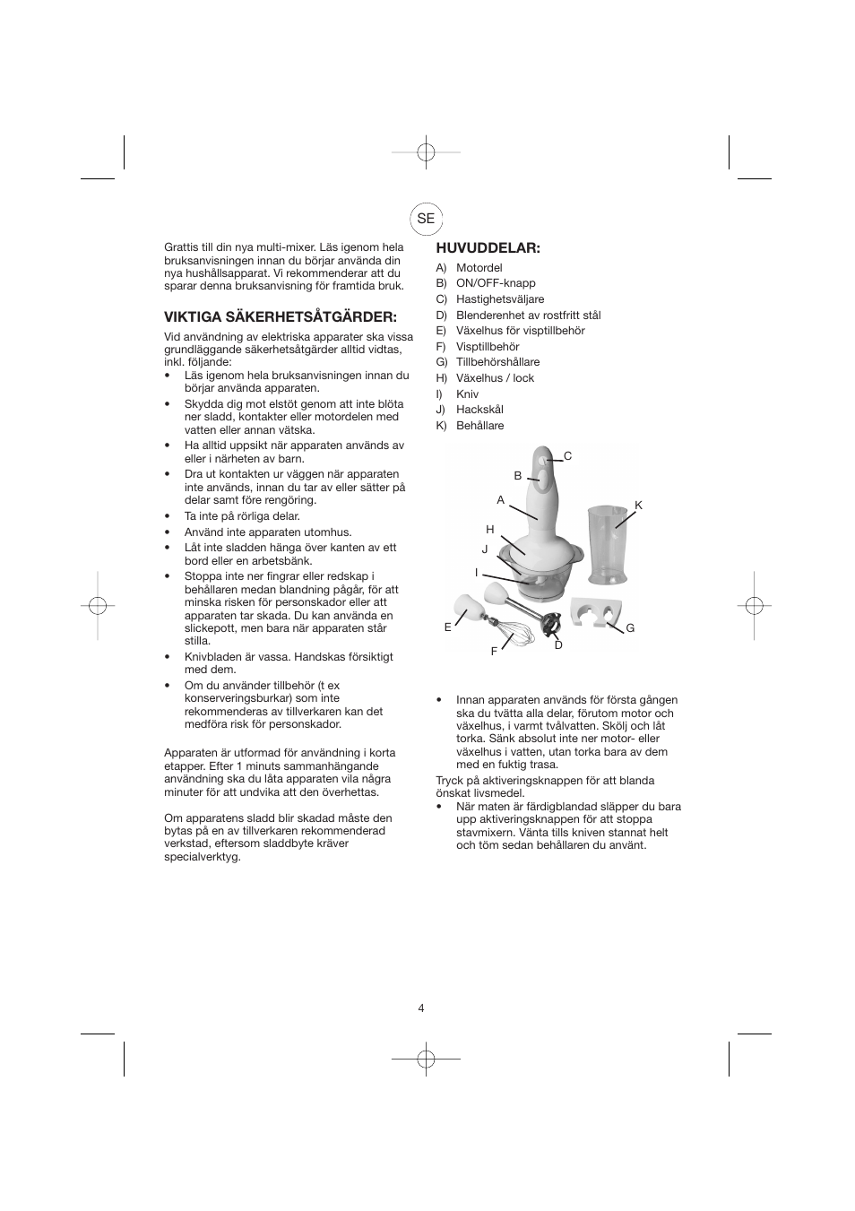 Viktiga säkerhetsåtgärder, Huvuddelar | Melissa Agat GMT-032BD User Manual | Page 4 / 14