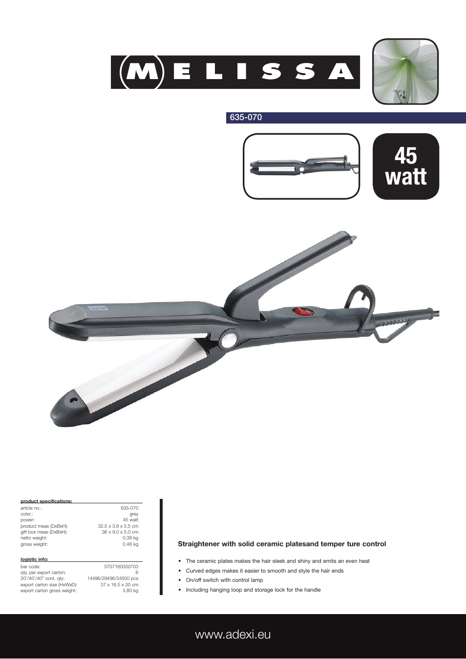 Melissa Straightener with Solid Ceramic Plates and Temperture Control 635-070 User Manual | 1 page