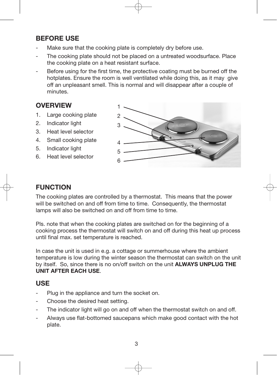 Before use, Overview, Function | Melissa Double Cooking Plates 750-024 User Manual | Page 3 / 8