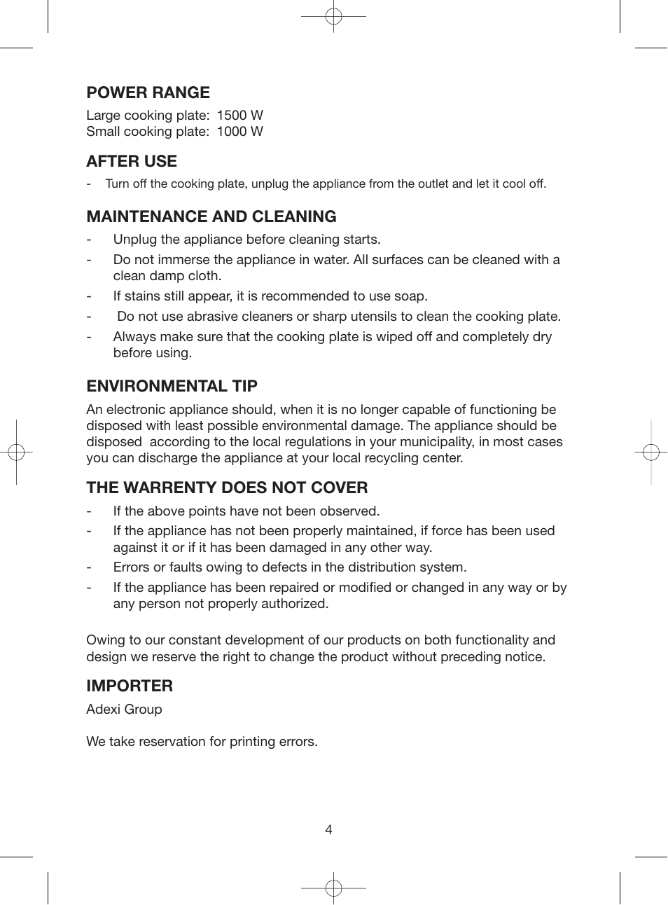 Power range, After use, Maintenance and cleaning | Environmental tip, The warrenty does not cover, Importer | Melissa Double Cooking Plates 750-024 User Manual | Page 4 / 8