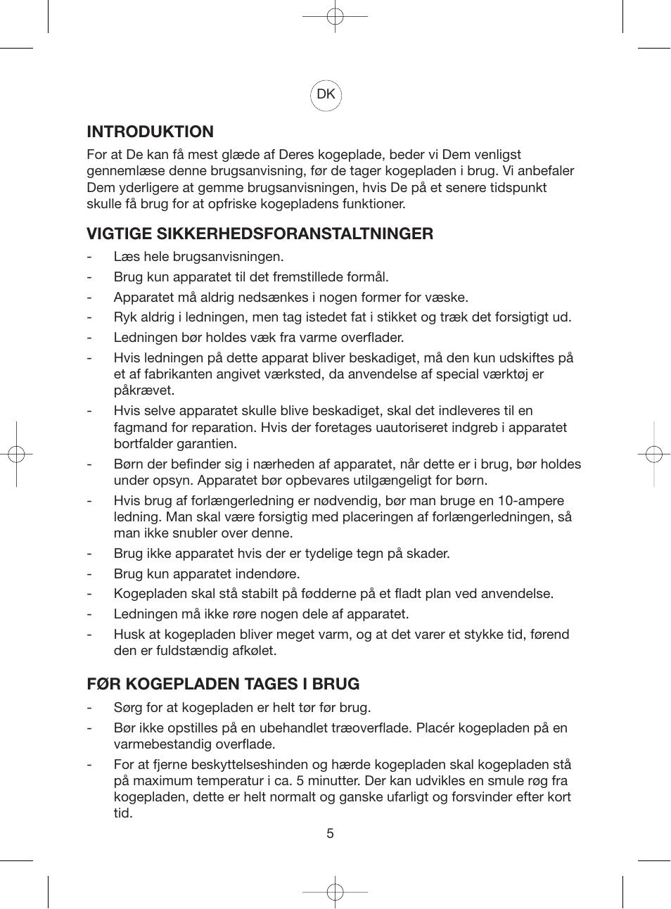 Introduktion, Vigtige sikkerhedsforanstaltninger, Før kogepladen tages i brug | Melissa Double Cooking Plates 750-024 User Manual | Page 5 / 8