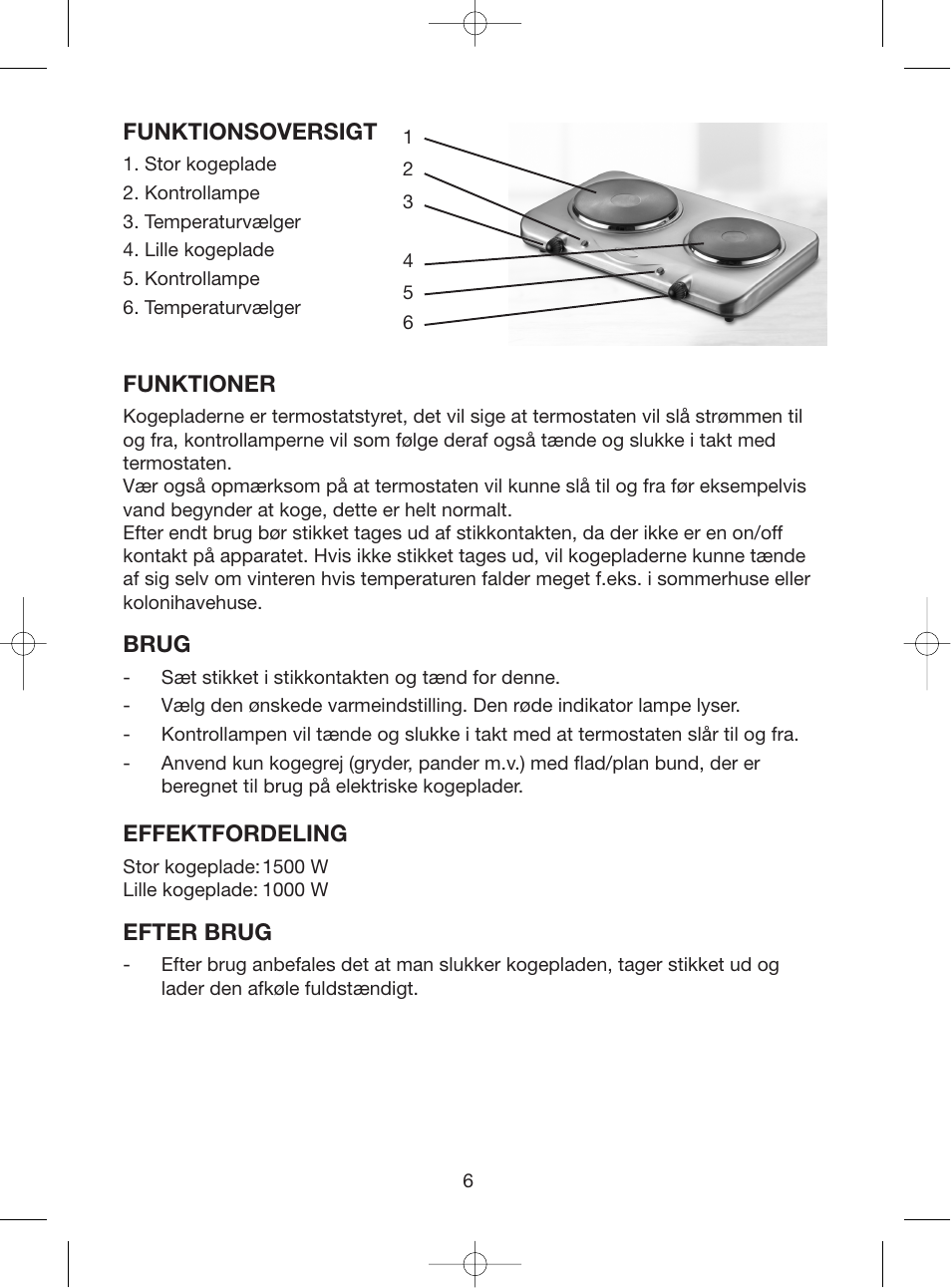 Funktionsoversigt, Funktioner, Brug | Effektfordeling, Efter brug | Melissa Double Cooking Plates 750-024 User Manual | Page 6 / 8