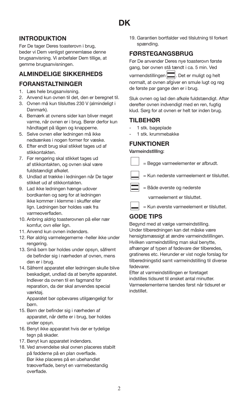 Introduktion, Almindelige sikkerheds foranstaltninger, Førstegangsbrug | Tilbehør, Funktioner, Gode tips | Melissa ide line 751-019 User Manual | Page 2 / 7