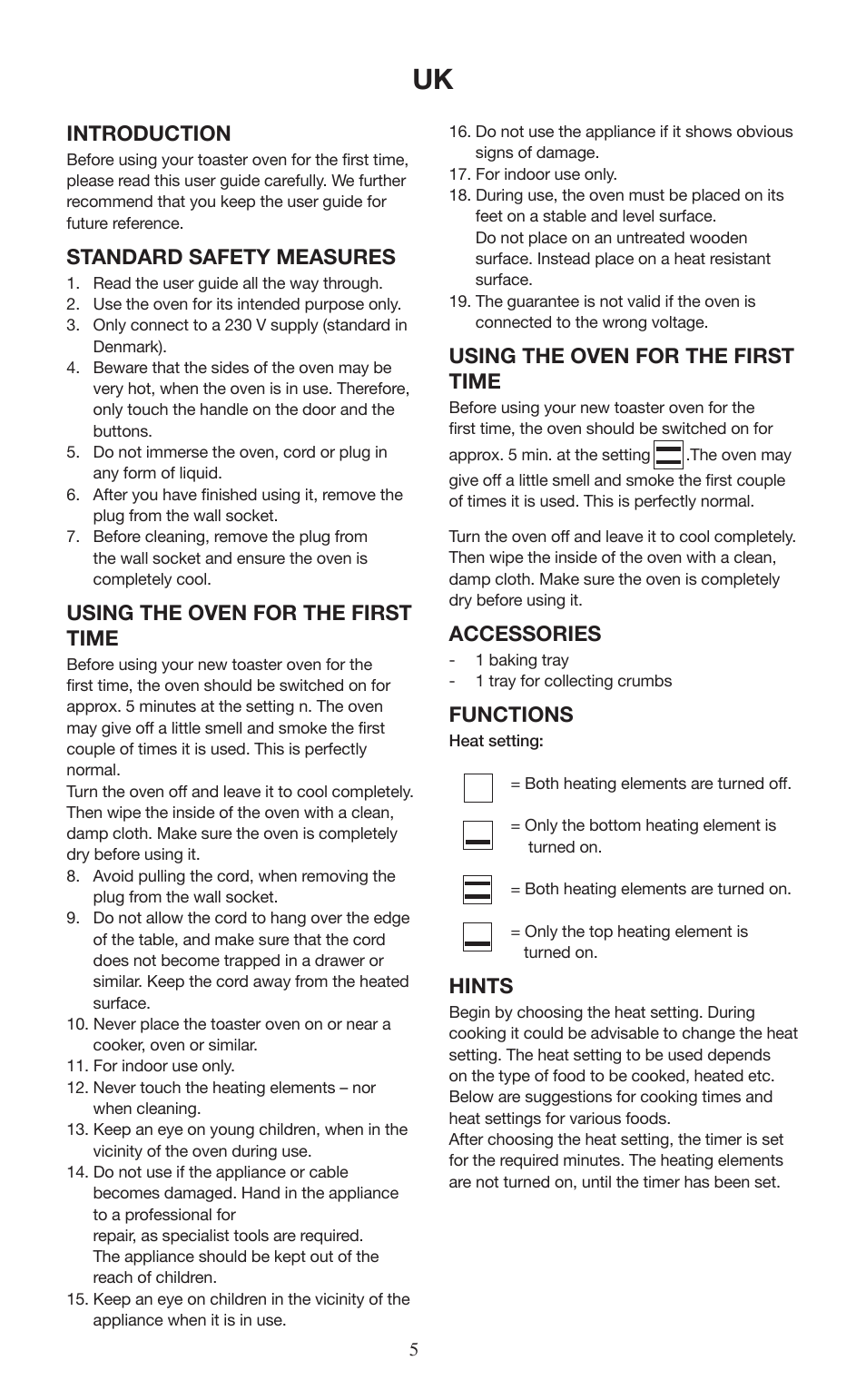 Introduction, Standard safety measures, Using the oven for the first time | Accessories, Functions, Hints | Melissa ide line 751-019 User Manual | Page 5 / 7