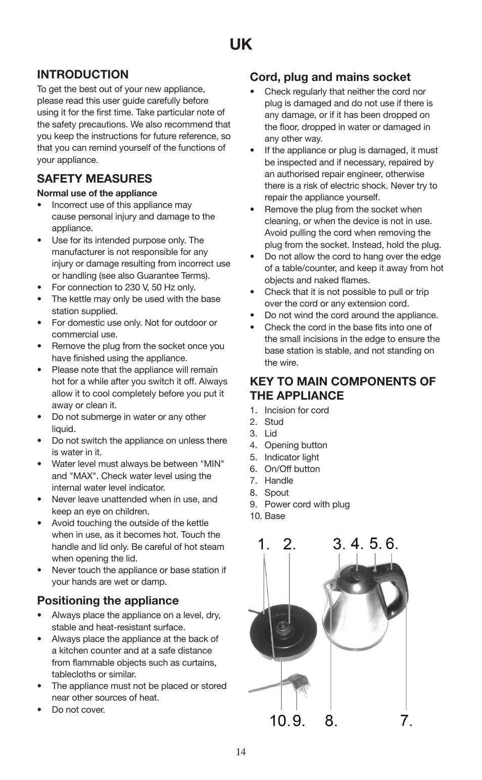 Introduction, Safety measures, Positioning the appliance | Cord, plug and mains socket, Key to main components of the appliance | Melissa 645-098 User Manual | Page 14 / 25