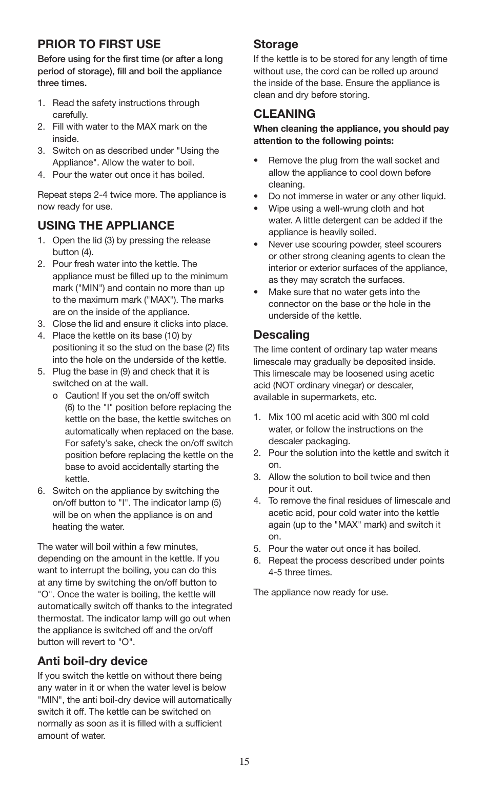 Prior to first use, Using the appliance, Anti boil-dry device | Storage, Cleaning, Descaling | Melissa 645-098 User Manual | Page 15 / 25