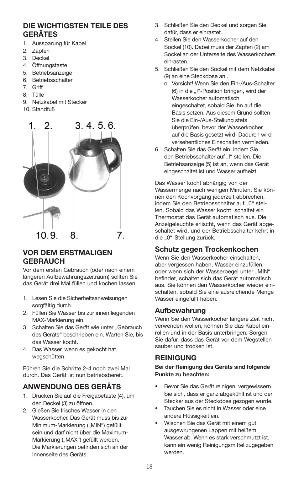 Die wichtigsten teile des gerätes, Vor dem erstmaligen gebrauch, Anwendung des geräts | Schutz gegen trockenkochen, Aufbewahrung, Reinigung | Melissa 645-098 User Manual | Page 18 / 25