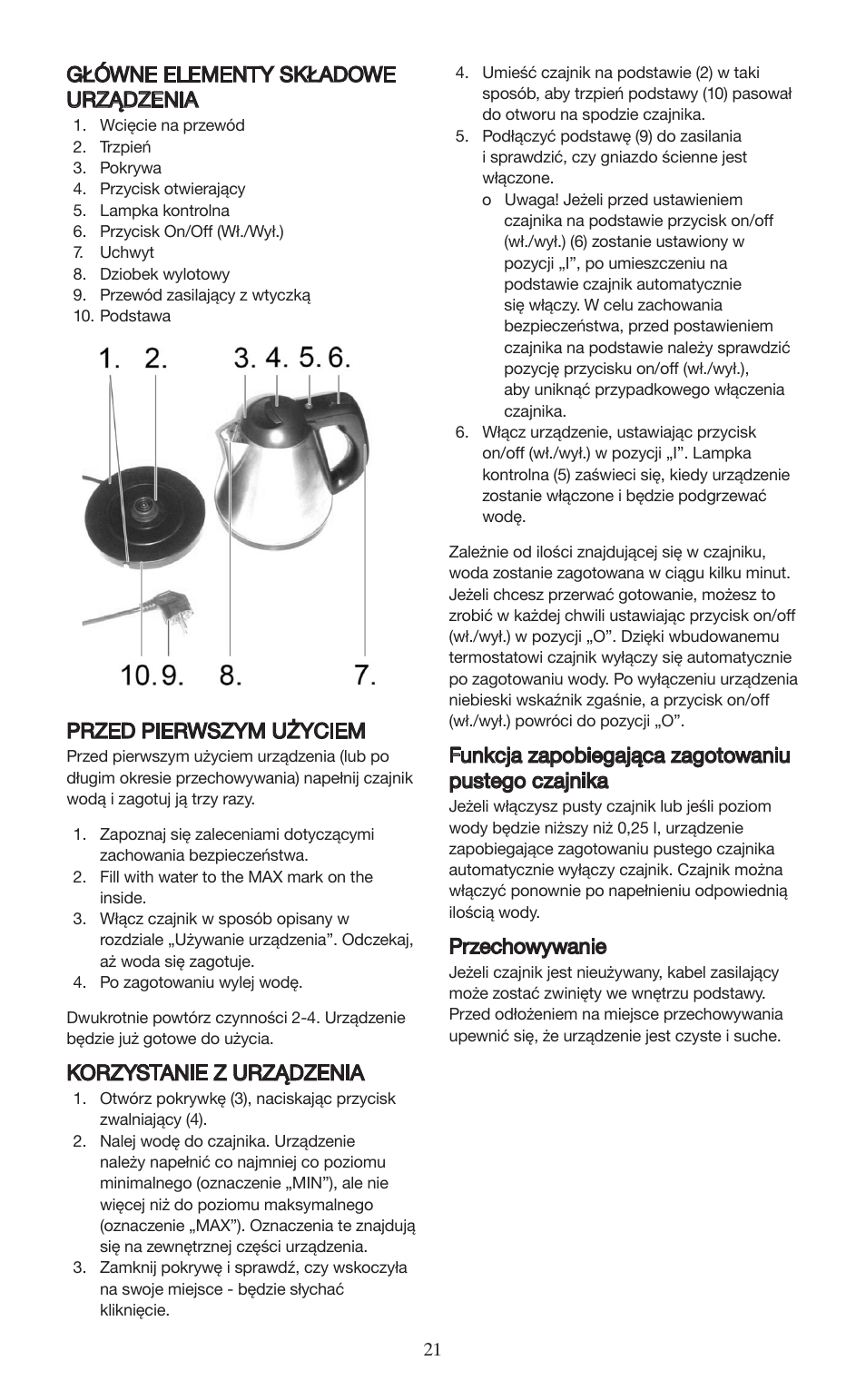 Główne elementy składowe urządzenia, Przed pierwszym użyciem, Korzystanie z urządzenia | Funkcja zapobiegająca zagotowaniu pustego czajnika, Przechowywanie | Melissa 645-098 User Manual | Page 21 / 25