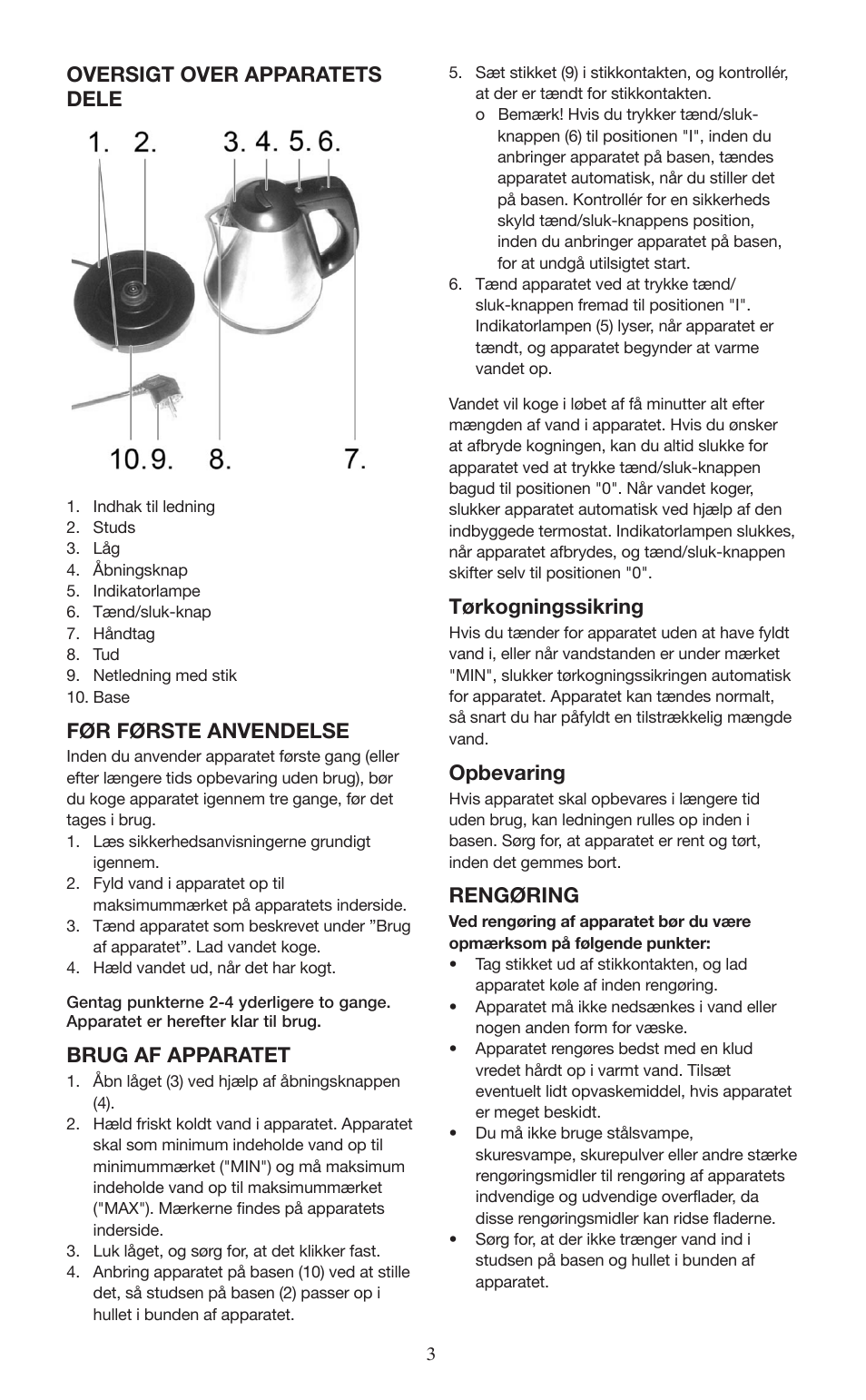 Oversigt over apparatets dele, Før første anvendelse, Brug af apparatet | Tørkogningssikring, Opbevaring, Rengøring | Melissa 645-098 User Manual | Page 3 / 25