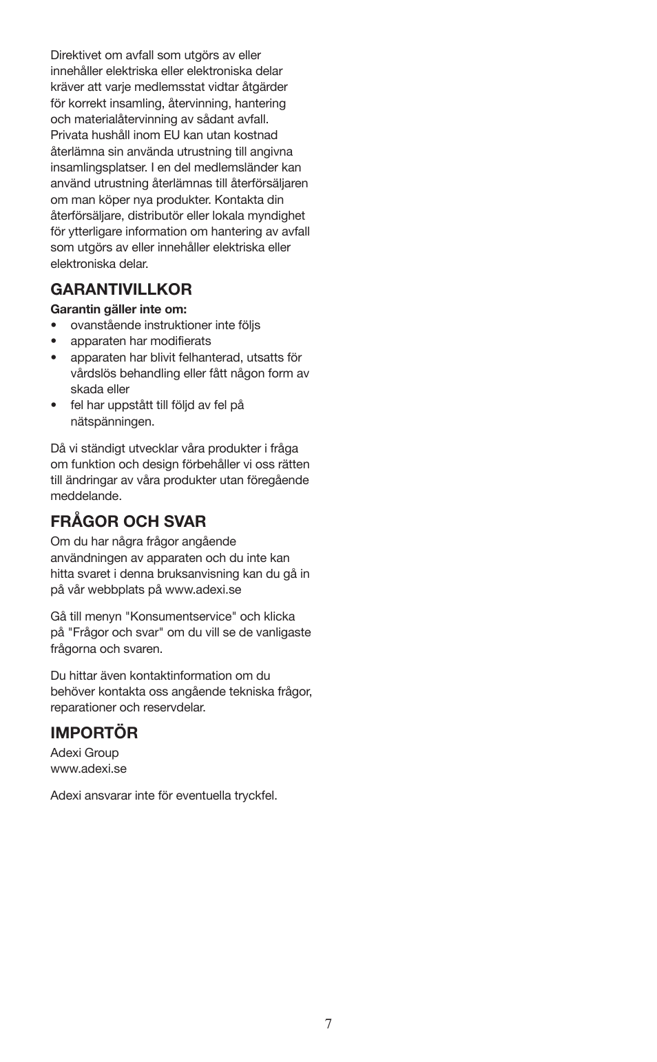 Garantivillkor, Frågor och svar, Importör | Melissa 645-098 User Manual | Page 7 / 25