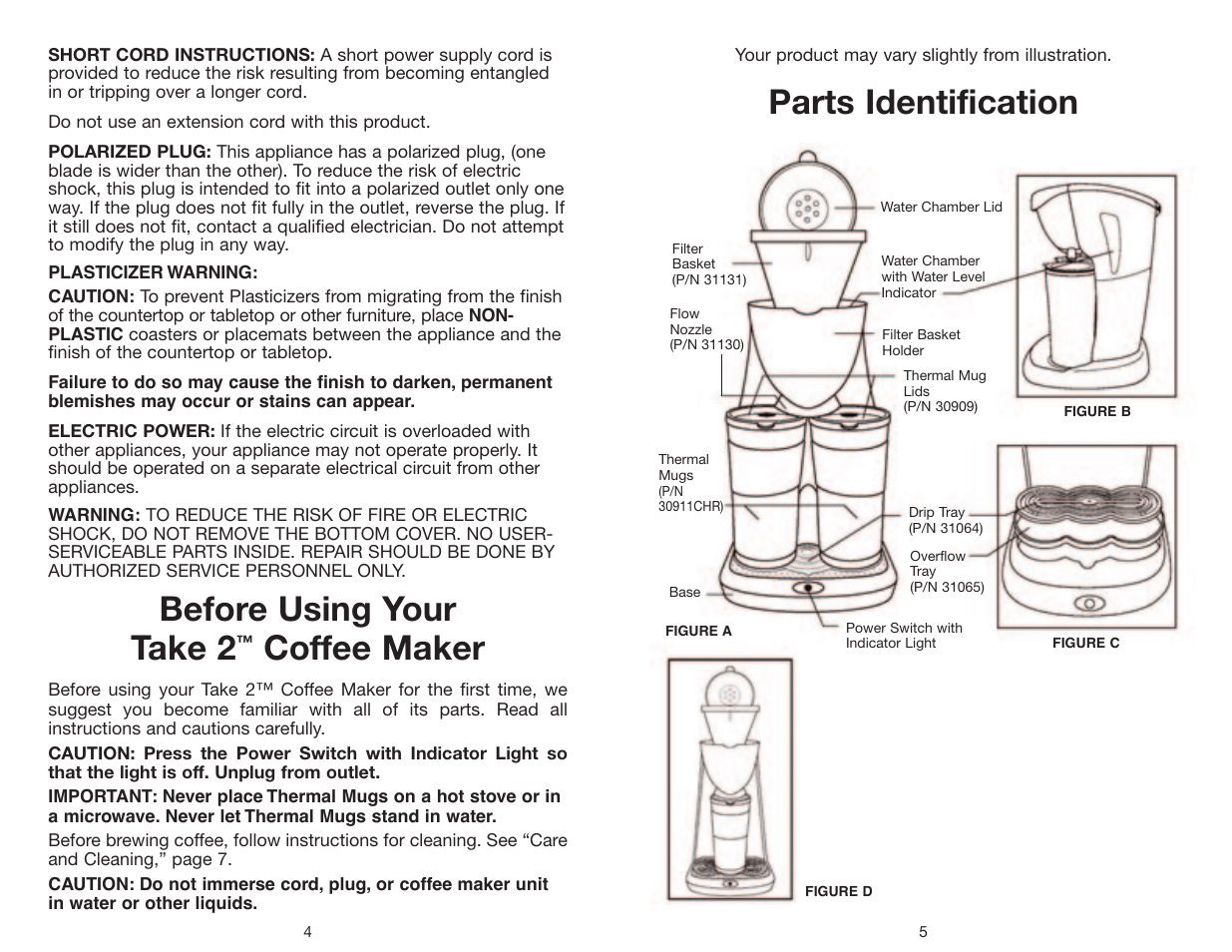 Parts identification, Before using your take 2, Coffee maker | Melissa Take 2 ME2TMBCHR User Manual | Page 5 / 10