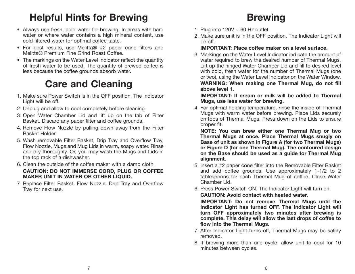 Brewing, Helpful hints for brewing, Care and cleaning | Melissa Take 2 ME2TMBCHR User Manual | Page 7 / 10