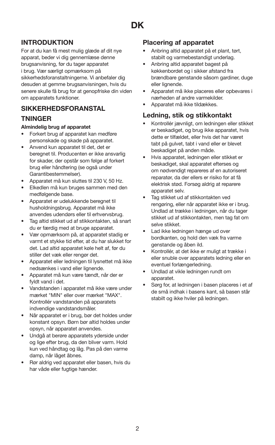 Introduktion, Sikkerhedsforanstal tninger, Placering af apparatet | Ledning, stik og stikkontakt | Melissa 645-103 User Manual | Page 2 / 25