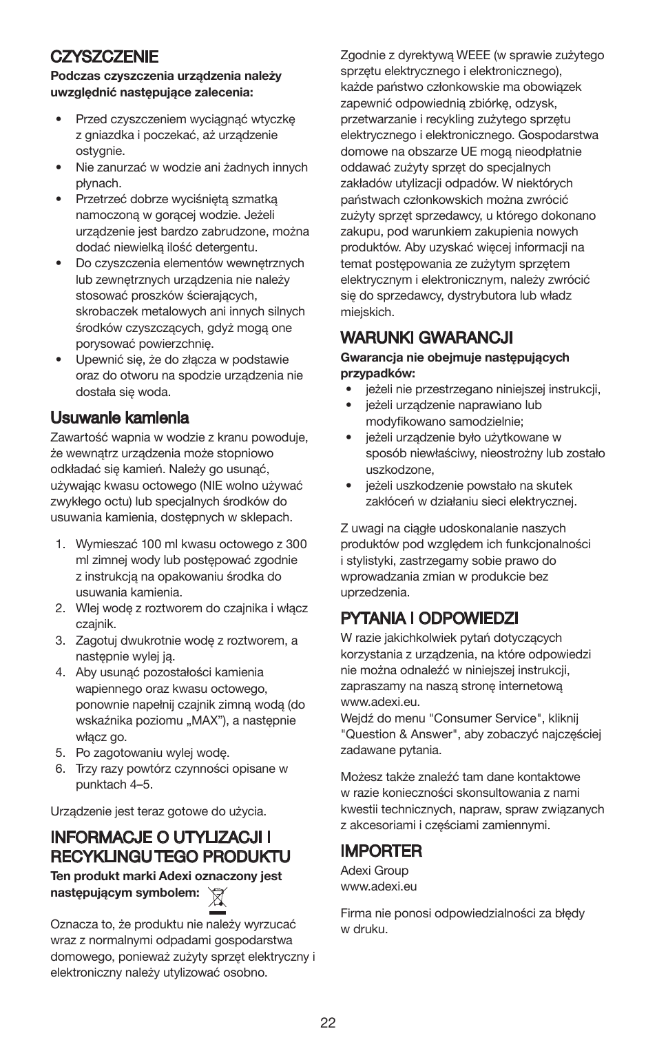 Czyszczenie, Usuwanie kamienia, Informacje o utylizacji i recyklingu tego produktu | Warunki gwarancji, Pytania i odpowiedzi, Importer | Melissa 645-103 User Manual | Page 22 / 25