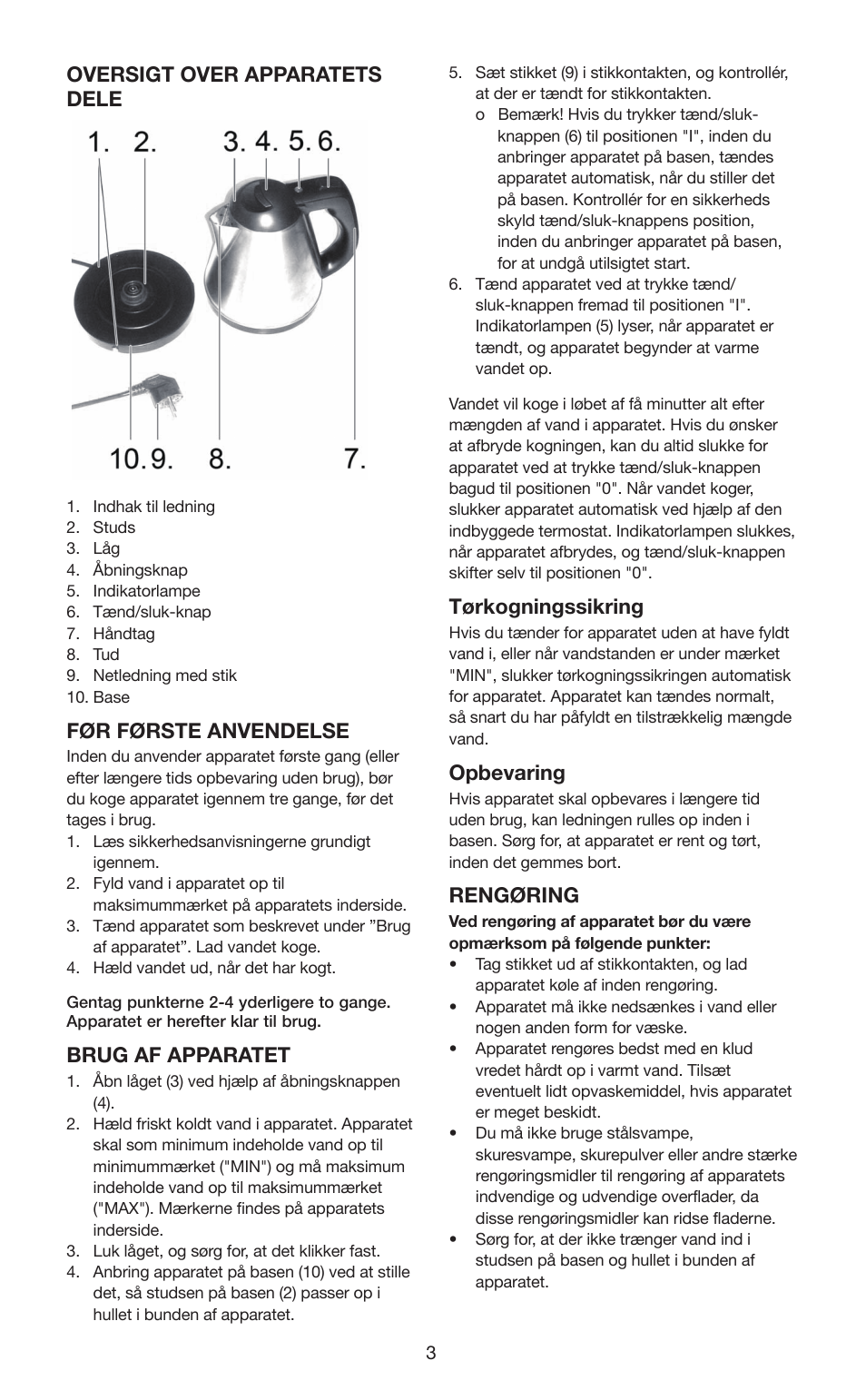 Oversigt over apparatets dele, Før første anvendelse, Brug af apparatet | Tørkogningssikring, Opbevaring, Rengøring | Melissa 645-103 User Manual | Page 3 / 25