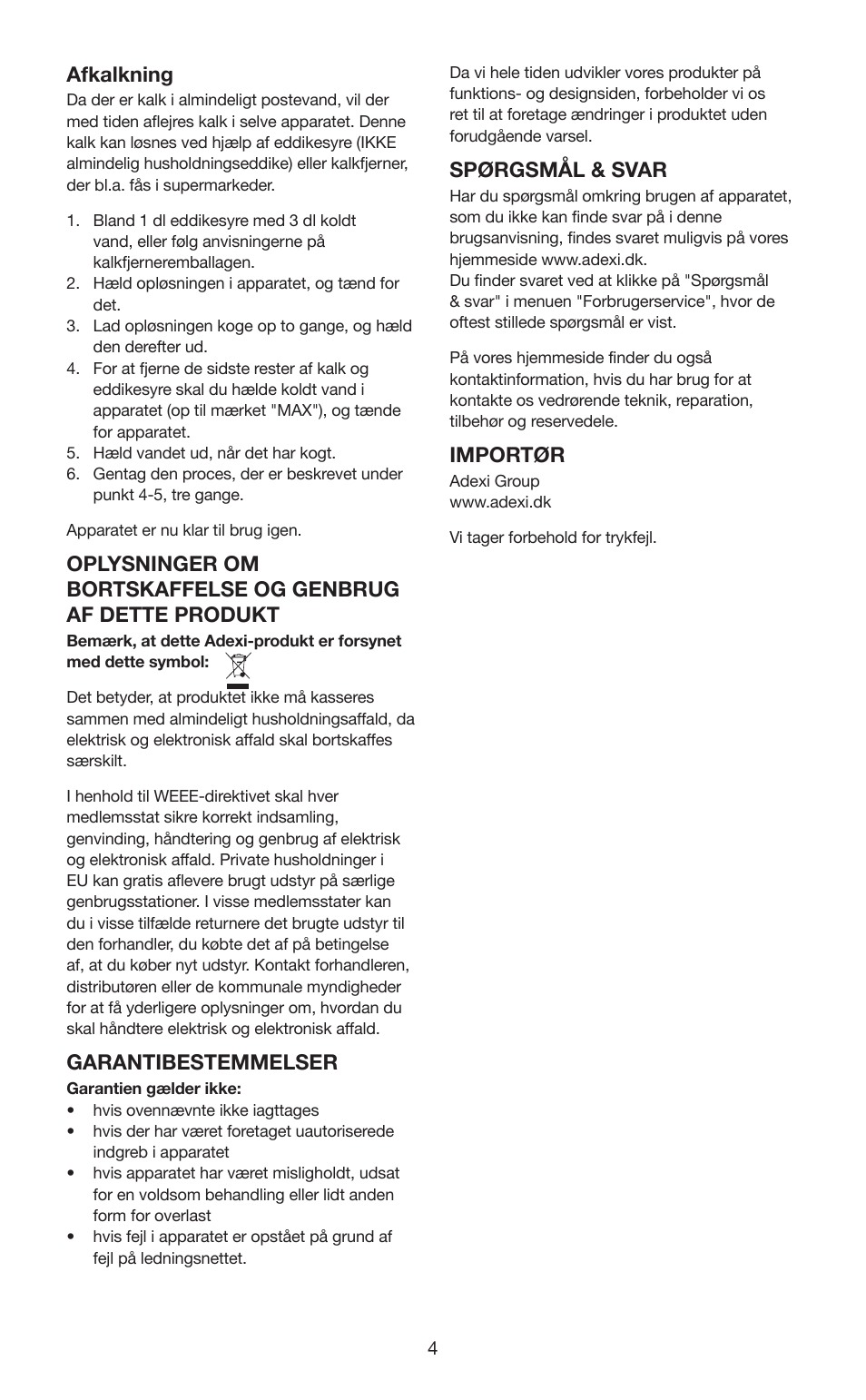 Afkalkning, Garantibestemmelser, Spørgsmål & svar | Importør | Melissa 645-103 User Manual | Page 4 / 25