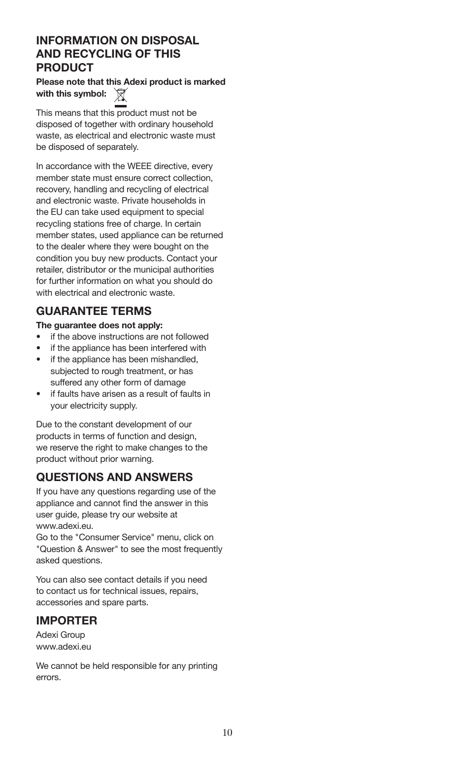 Guarantee terms, Questions and answers, Importer | Melissa ide line 745-191 User Manual | Page 10 / 10