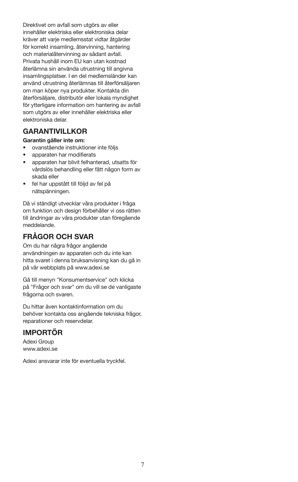 Garantivillkor, Frågor och svar, Importör | Melissa ide line 745-191 User Manual | Page 7 / 10