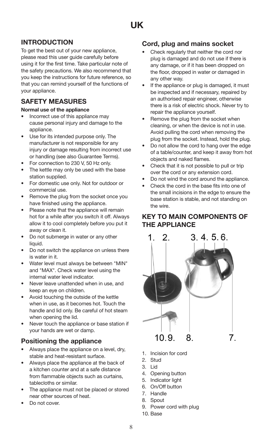 Introduction, Safety measures, Positioning the appliance | Cord, plug and mains socket, Key to main components of the appliance | Melissa ide line 745-191 User Manual | Page 8 / 10