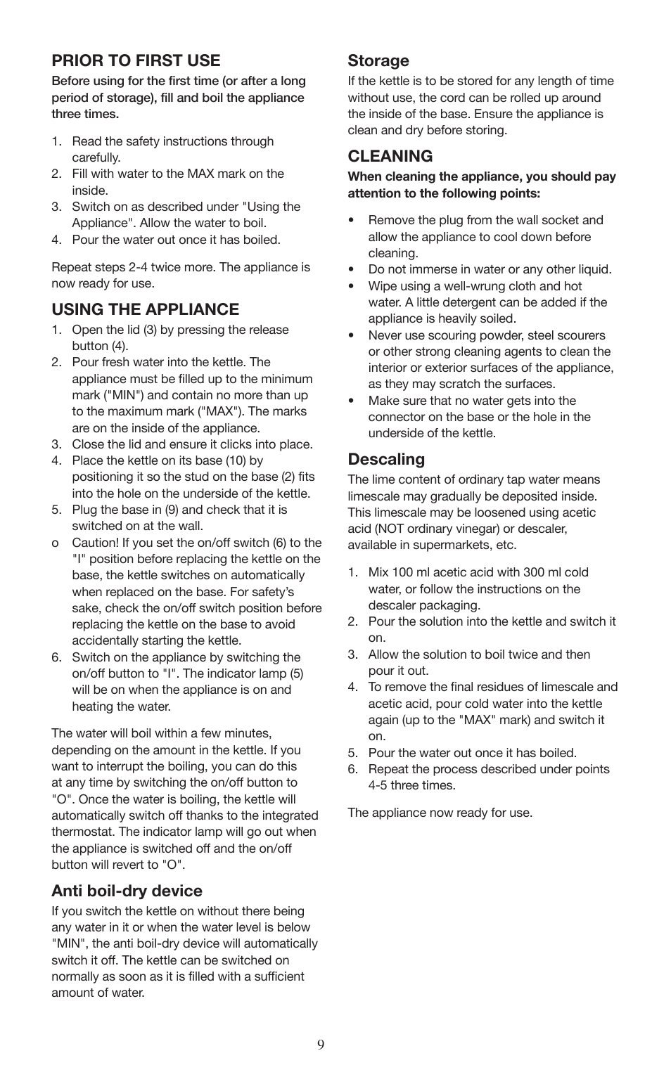 Prior to first use, Using the appliance, Anti boil-dry device | Storage, Cleaning, Descaling | Melissa ide line 745-191 User Manual | Page 9 / 10