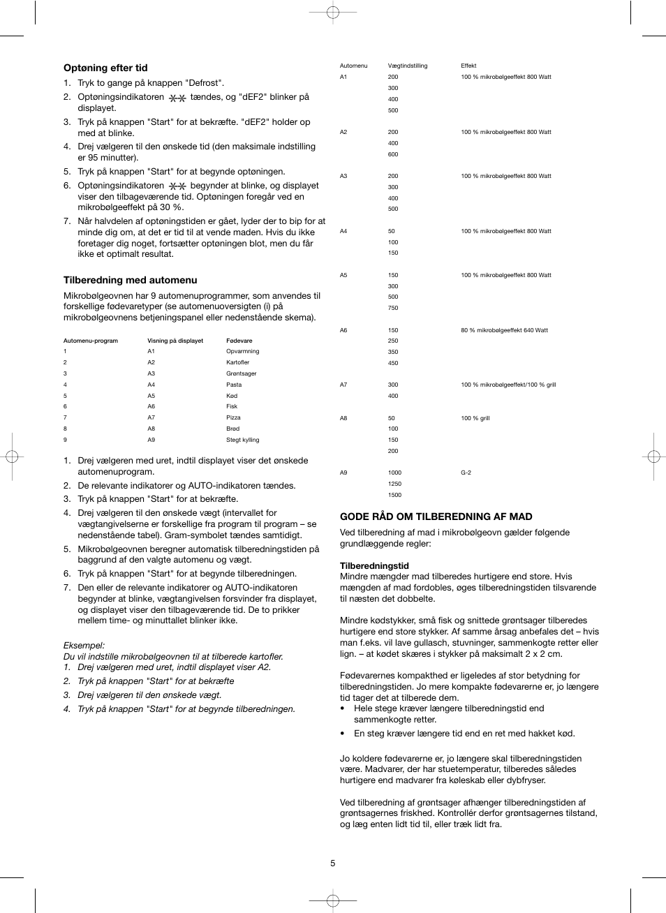 Optøning efter tid, Tilberedning med automenu, Gode råd om tilberedning af mad | Melissa Ide Line 753-130 User Manual | Page 5 / 39